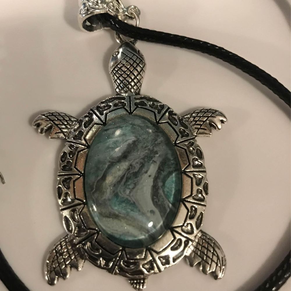 Handmade Turtle pendant necklace paint poured ocean blue